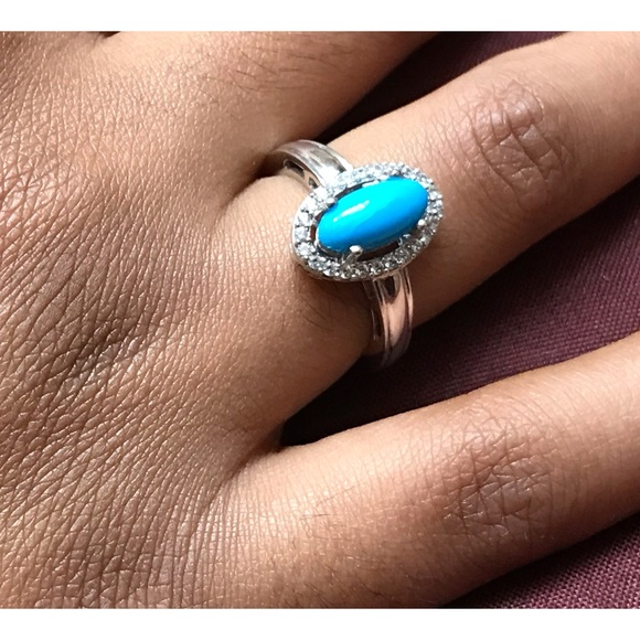 Sterling Silver Oval Turquoise CZ Ring Size 6 - Picture 2 of 14